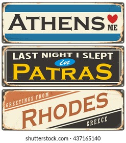 Retro tin sign collection with Greece city names. Travel souvenirs on grunge damaged background. Athens, Patras and Rhodes.