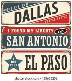 Retro tin sign collection with USA city names. Vintage vector souvenir sign or postcard templates. Travel theme. Places to visit and remember.