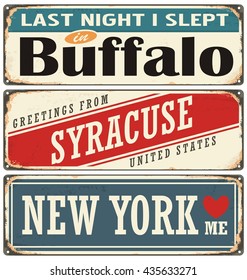 Retro tin sign collection with USA city names. Vintage vector souvenir sign or postcard templates. Travel theme. Places to visit and remember.