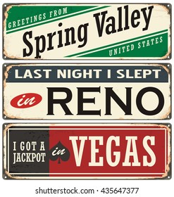 Retro tin sign collection with USA city names. Vintage vector souvenirs or postcard templates. Travel theme. Places to visit and remember.