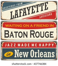 Retro tin sign collection with USA cities in Louisiana. Vintage vector souvenir sign or postcard templates.