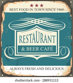 Retro tin sign for restaurant or beer cafe. Vintage promotional poster menu. Best food in town old texture ad. 