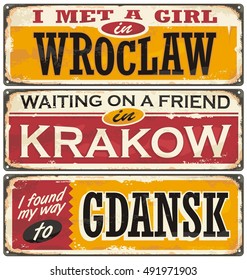 Retro tin signs souvenirs from Poland. Vintage postcards layouts with popular touristic destination in Poland. Places to visit and remember.