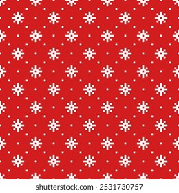 Retro Tiny pixelated snowflakes red Vector Pattern. Cute Christmas holiday snowy decoration seamless pattern.