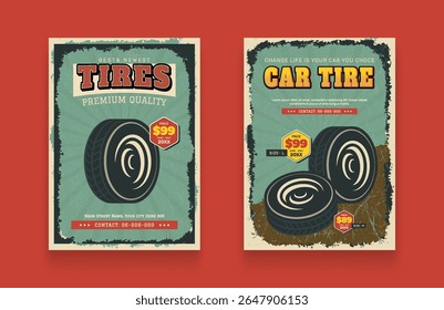 Pack flyer boutique Retro pneu avec offre de réduction. Prospectus de vente de pneus de voiture, catalogue de pneus. Template d'illustration vectorielle réaliste des pneus