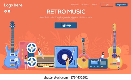 Retro tools concept flyer, web banner, ui header, enter site. Grain texture and noise effect. People character with items around retro tools background. Modern illustration slider site page.