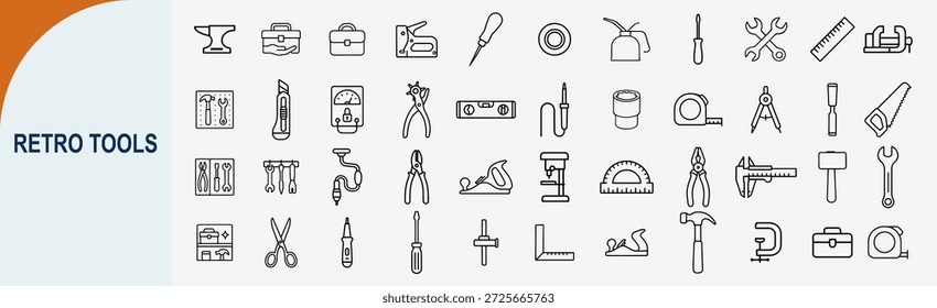 Conjunto de iconos de línea de herramientas retro para taller de carpintería y Vector de equipos de hardware