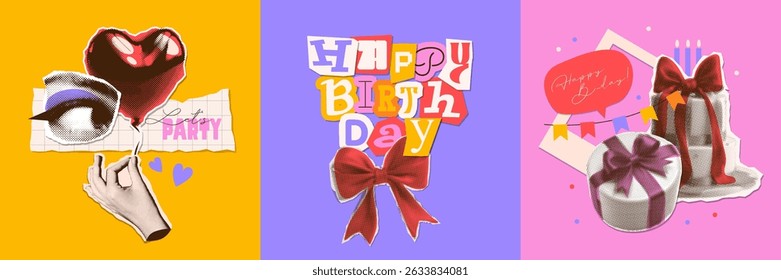 Retro rasgado papel Colagem Feliz aniversário cartões de design em estilo moderno pontilhado pop arte. Efeito de meio-tom retro. Conjunto de elementos de aniversário. Mão com bolo, presente, balão, olho e mão. Design vetorial