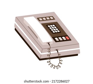 Retro touch tone phone with keypad. Push button telephone with keys, headset of 1975 type. History communication device, 70s and 80s tel. Flat vector illustration isolated on white background