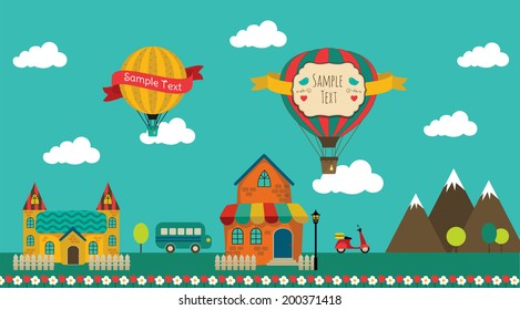 Retro Town Design with Vintage Air Balloon Banners. Vector Illustration. Town with Cute Houses.