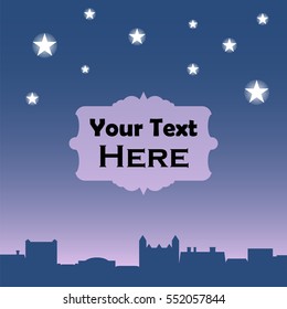 Retro town rooftops by night. Vector background with text place. Cartoon drawn banner template with place for text. City night sky with shiny stars. Sleeping town square card. Silhouette of old town