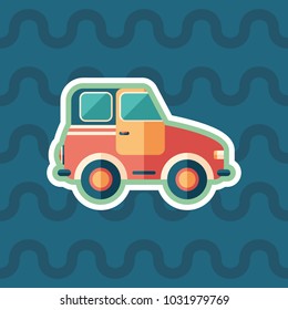 Retro toy car sticker flat icon with color background.