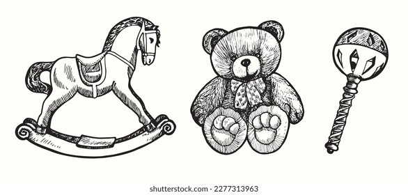 Retro toy collection. Rocking horse, side view, Teddy bear, Beanbag. Ink black and white doodle drawing in woodcut style