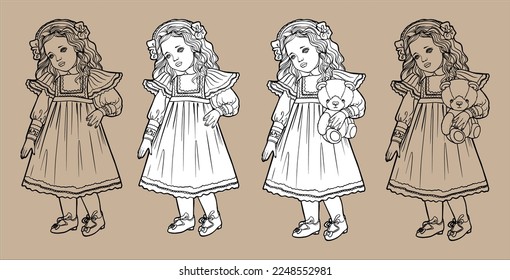 Muñeca Juguete Retro. Dibujo de muñecas de juguete en blanco y negro para niños. Para colorear libros. Imagen vectorial. colección de juguetes vintage dibujados a mano