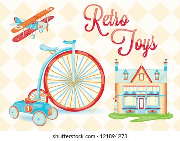 Retro toy, doll house, bicycle, car, plane, chair in vintage style drawing on background of rhombuses