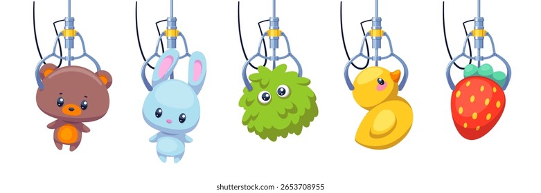 Máquina de agarrador de brinquedos retrô. Braços de guindaste de desenhos animados com animais bonitos de pelúcia, jogo de crianças engraçadas, automática automática mecânica com garra, parque de diversões, elementos isolados manipulador, conjunto de vetores elegante