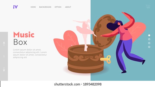 Retro Toy with Mechanism Landing Page Template. Tiny Female Character Dancing at Huge Music Box with Ballerina. Vintage Musical Instrument or Souvenir Playing Melody. Cartoon Vector Illustration