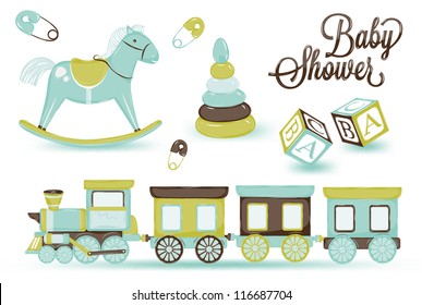 retro toy, pony, cubes, steam and children's pyramid drawing in gentle tones blue and brown