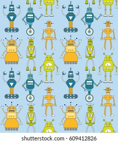 Retro toy robots seamless pattern in flat style. EPS10 vector background of vintage robot characters.