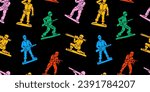 Retro toy soldier doodle seamless pattern illustration. Colorful 90s style green military men background for nostalgia concept or children game print.