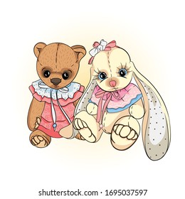 Juguete retro Teddy liebre y contornos de oso