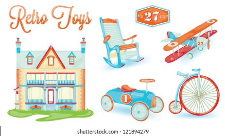 Retro toys, doll house, bicycle, car, plane, chair, in vintage style.