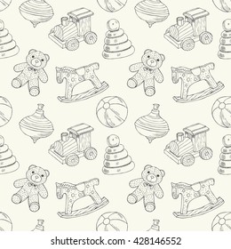 Retro toys seamless pattern with train, horse, ball, bear, peg, pyramid. Vector illustration. Wrapping. Surface design.