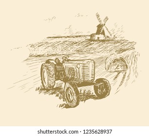 Retro tractor in field hand drawn illustration. Vector.