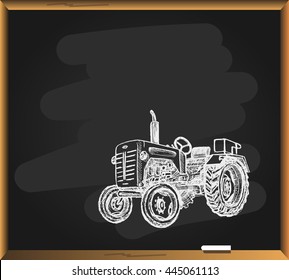 Retro tractor on blackboard background. Free hand drawn. Vector illustration.
