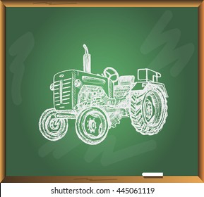 Retro tractor on chalkboard background. Free hand drawn. Vector illustration.