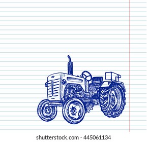 Retro tractor on copybook background. Free hand drawn. Vector illustration.