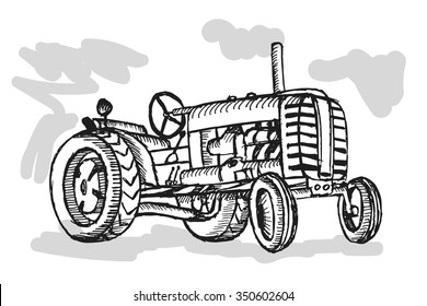 Retro tractor on white background. Free hand drawn. Vector illustration.