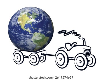 Retro tractor symbol with a globe.
