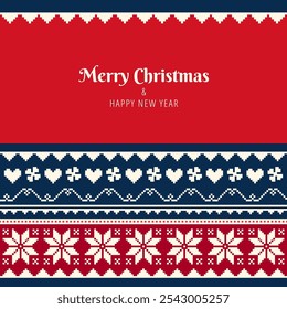 Retro traditional Christmas background in Scandinavian style with cross stitch. Vector template for card, poster, invitation design. All layered and grouped.