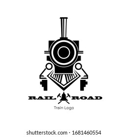 Retro trail logo. Black silhouette of vintage locomotive. Railway icon. Railroad sign.  Vector ilustration