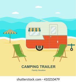 Retro trailer on the sea coast, summer family vacation, vector flat illustration.