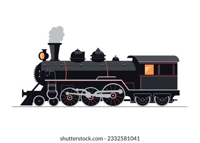 Retro train, classic black locomotive on a white background. Vector illustration