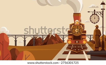 Retro train composition featuring a steam locomotive, railway bridge, and traveler in a vintage setting.