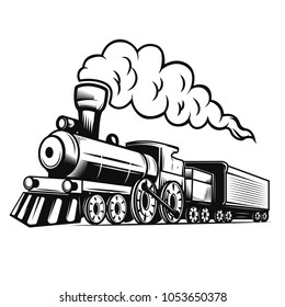 Retro train illustration isolated on white background. Design element for logo, label, emblem, sign. Vector illustration