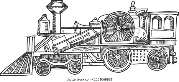 Retro train locomotive sketch. Vintage railroad transport