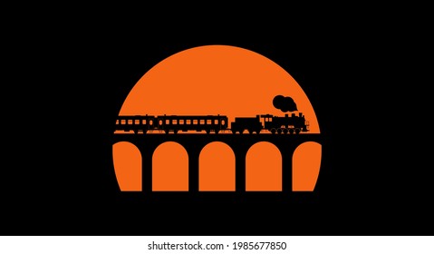 Retro train with steam locomotive. Black silhouette on the sunset background. Vector illustration