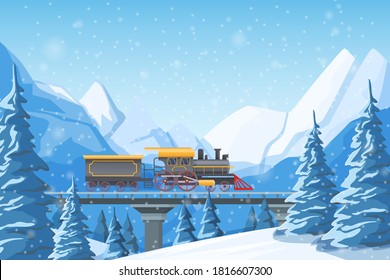 Retro Train Traveling By Rail, On A Bridge, Among Mountains, Snow-covered Hills, Winter Forest Pines And Hills. Winter Fir Trees In Snow Among Snow-capped Mountains Landscape Illustration Vector