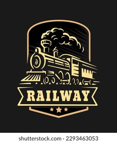 Retro train, vintage emblem on black background.