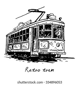 Retro tram. Picture of old transport. Vector hand drawn sketch.