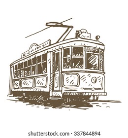 Retro tram. Picture of vintage transport. Old times. Vector hand drawn sketch.