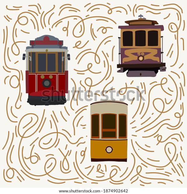 Retro tram poster. Old American, Turkish, European.\
Tramcar city transport for city trips. Electric cars Streetcar in\
the States postcard in the city for traveling the streets.\
Transport poster for