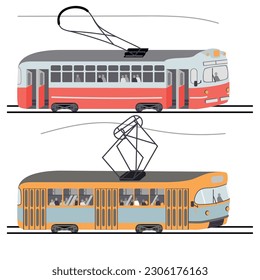 Tranvías retro de dos generaciones. Modelos anticuados de transporte urbano eléctrico.Transporte de pasajeros en rieles usando una línea de alimentación. Dibujo plano de dibujos animados aislado sobre fondo blanco.