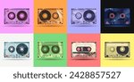 Retro transparent music cassette tape. Pop art mixtape tapes mockup vector illustration set