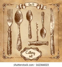 Retro transparent silverware icons sketch style illustration. Vector file layered for easy editing. 