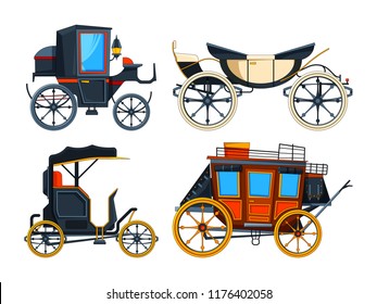 Retro transport carriage. Vector pictures of carriages. Collection of retro cart, chariot victorian illustration